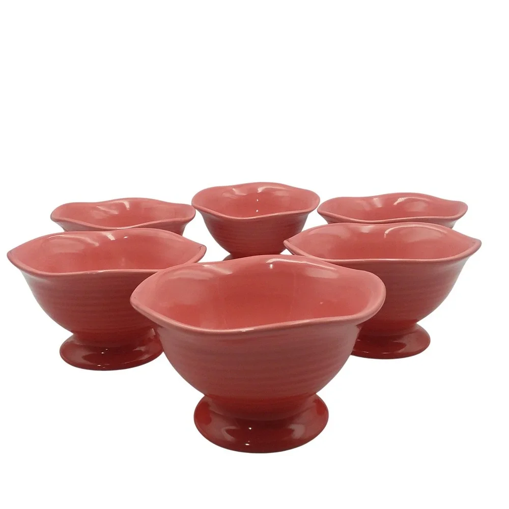 6 Crate & Barrel‎ Ice Cream Dessert Bowls Coral Pedestal Ribbed Sundae Summer